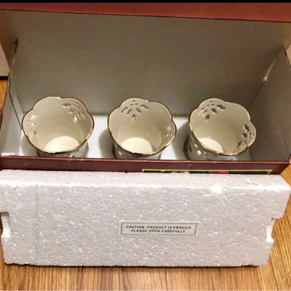 Lenox Holiday Holly Porcelain Pierced Votives Set of 3 Pieces